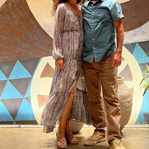 Light blue and mauve elegant chiffon maxi dress, Size Small by London Rose